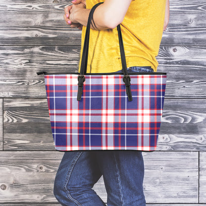 USA Patriotic Plaid Print Leather Tote Bag
