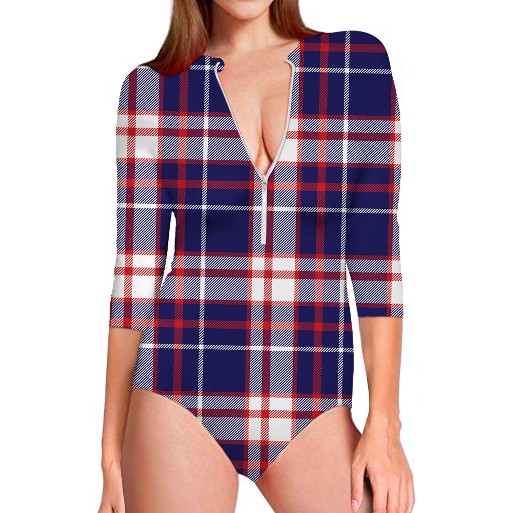 USA Patriotic Plaid Print Long Sleeve Swimsuit