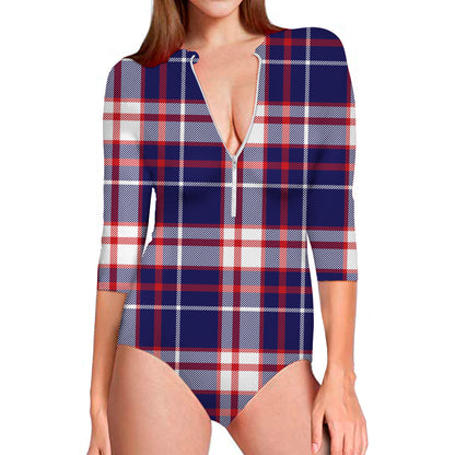 USA Patriotic Plaid Print Long Sleeve Swimsuit