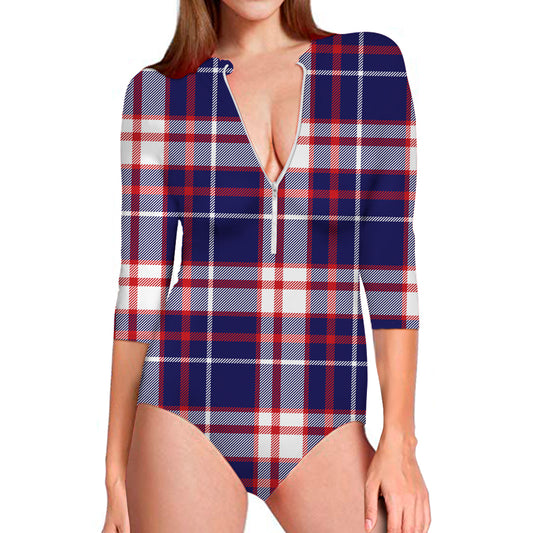 USA Patriotic Plaid Print Long Sleeve Swimsuit
