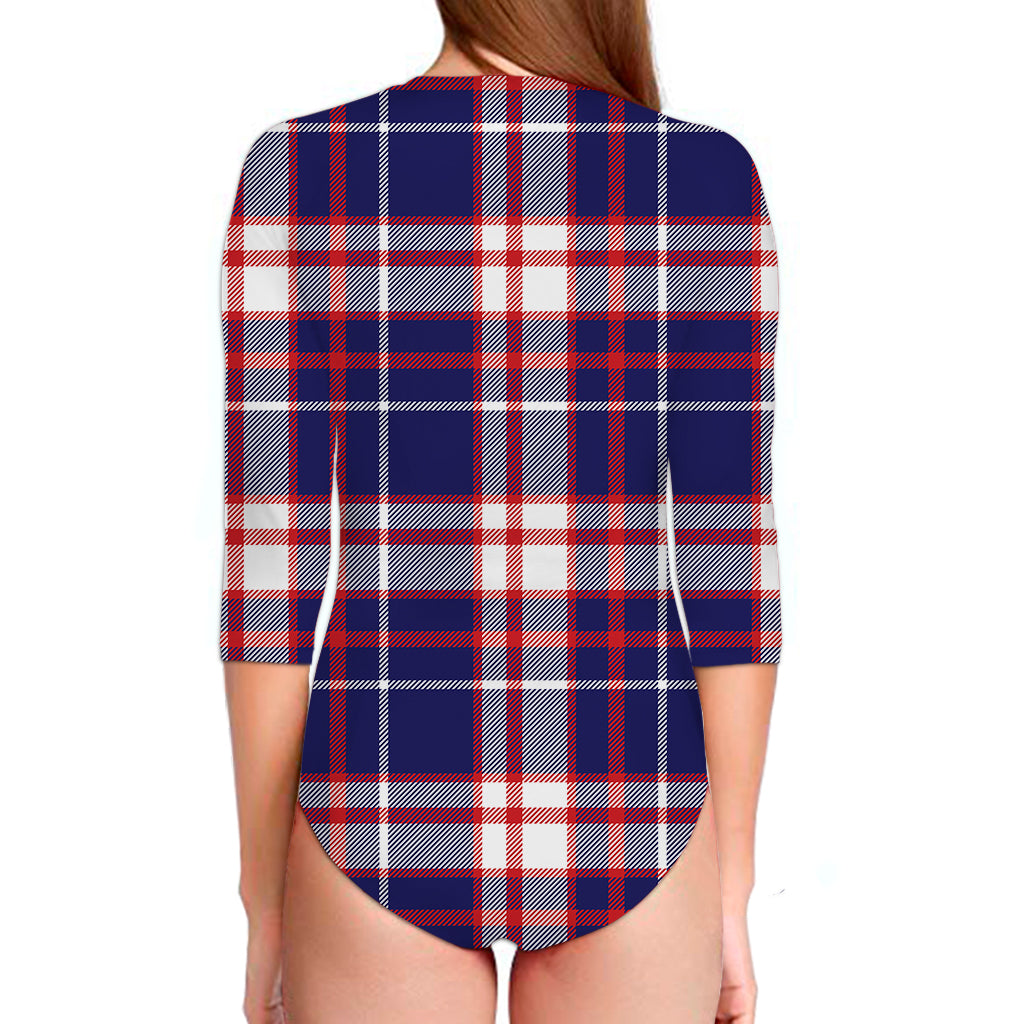 USA Patriotic Plaid Print Long Sleeve Swimsuit