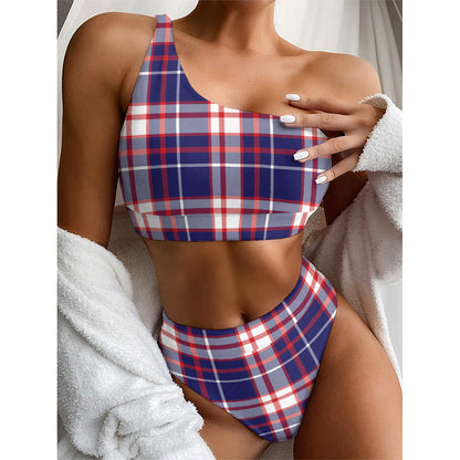 USA Patriotic Plaid Print One Shoulder Bikini Top