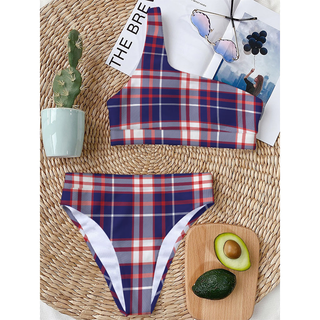 USA Patriotic Plaid Print One Shoulder Bikini Top
