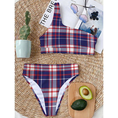 USA Patriotic Plaid Print One Shoulder Bikini Top