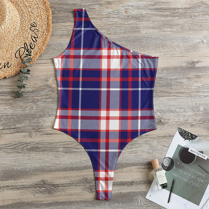 USA Patriotic Plaid Print One Shoulder Bodysuit
