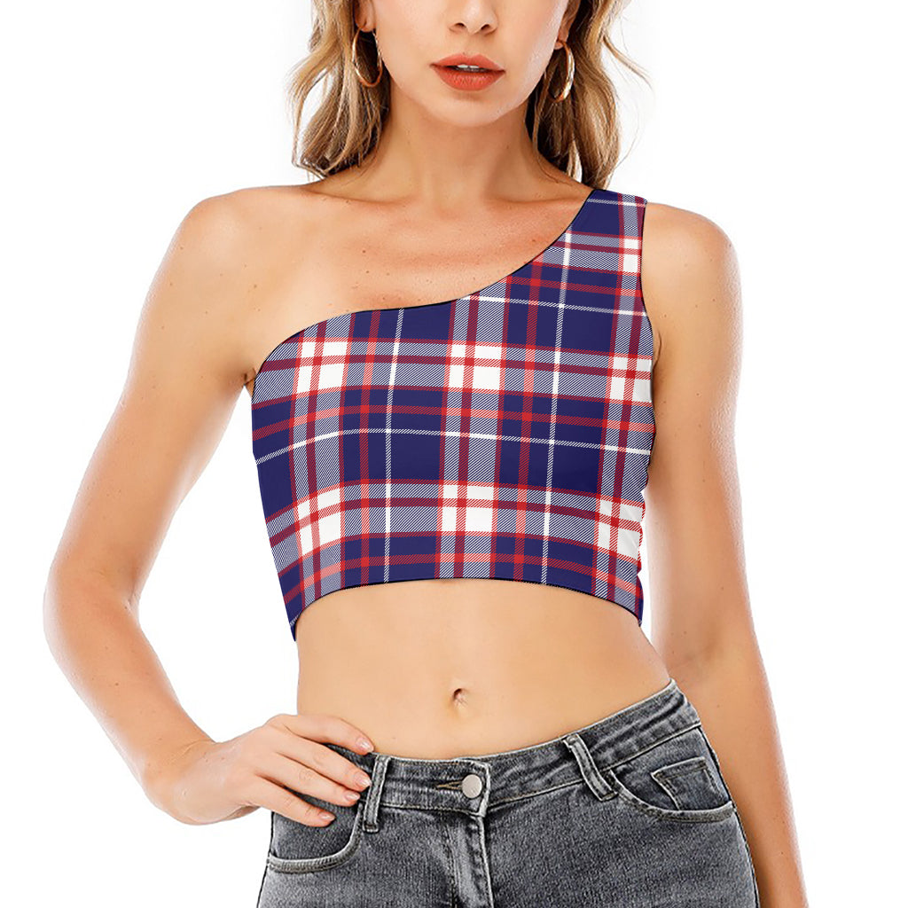 USA Patriotic Plaid Print One Shoulder Crop Top