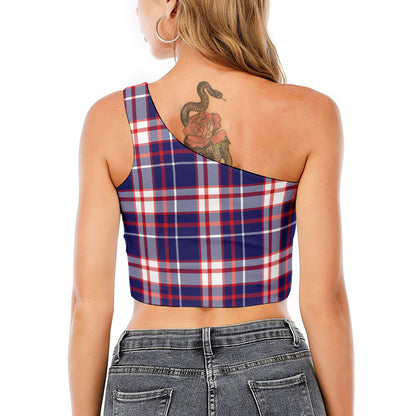 USA Patriotic Plaid Print One Shoulder Crop Top