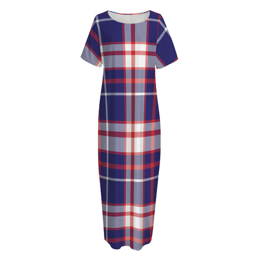 USA Patriotic Plaid Print Short Sleeve Long Nightdress