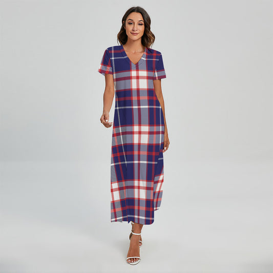 USA Patriotic Plaid Print Short Sleeve Maxi Dress