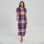 USA Patriotic Plaid Print Short Sleeve Maxi Dress