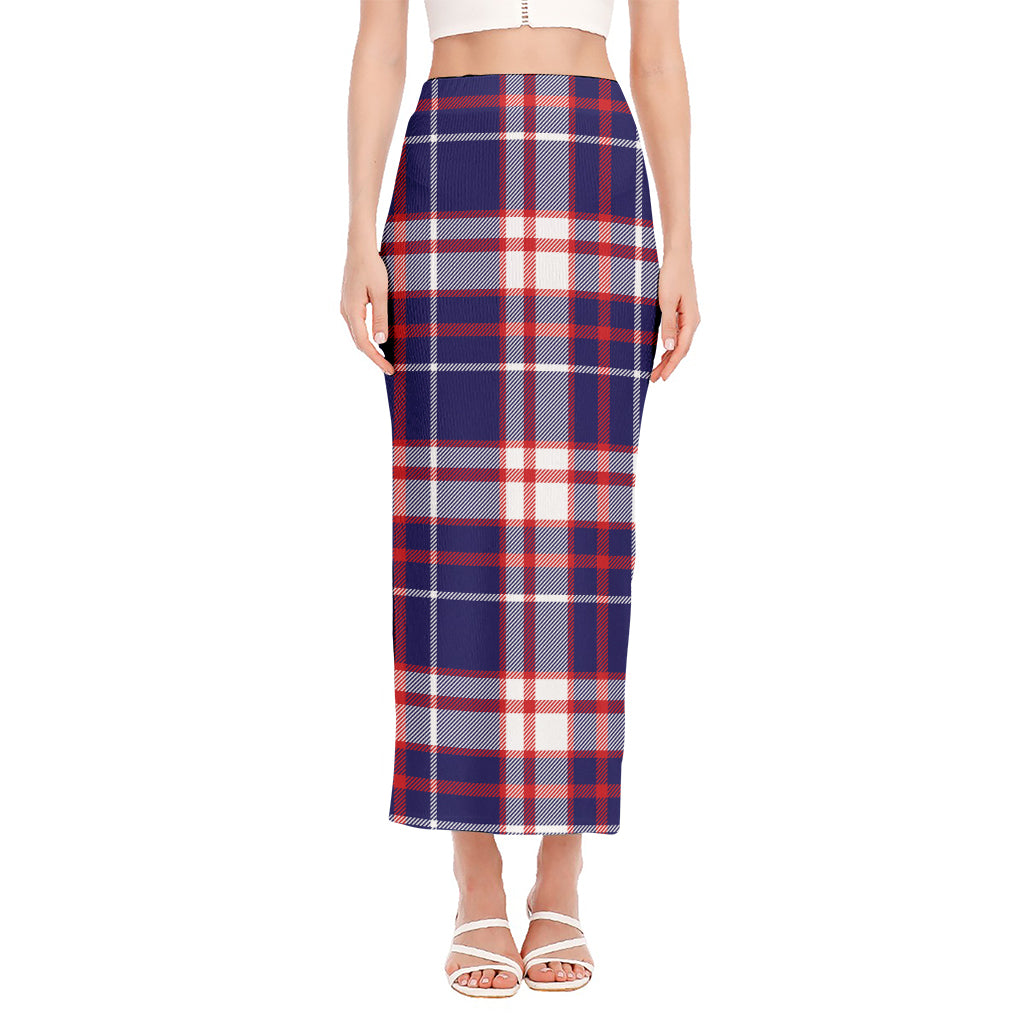 USA Patriotic Plaid Print Side Slit Maxi Skirt