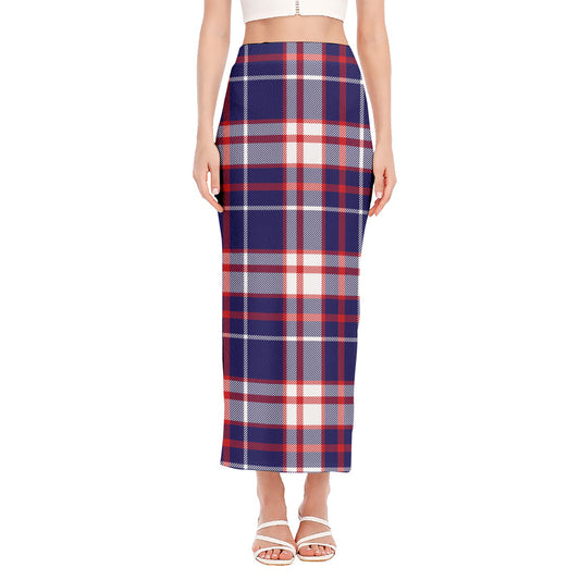 USA Patriotic Plaid Print Side Slit Maxi Skirt