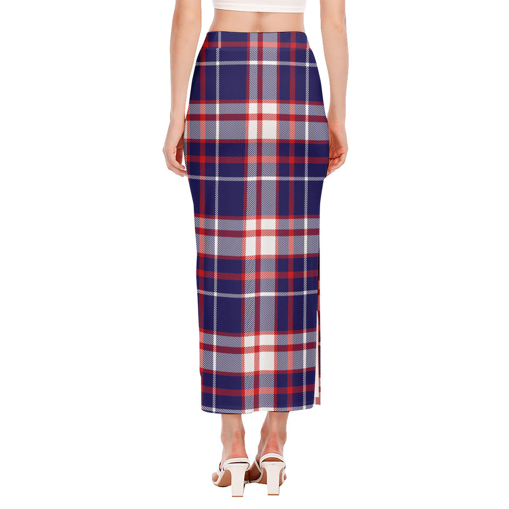 USA Patriotic Plaid Print Side Slit Maxi Skirt
