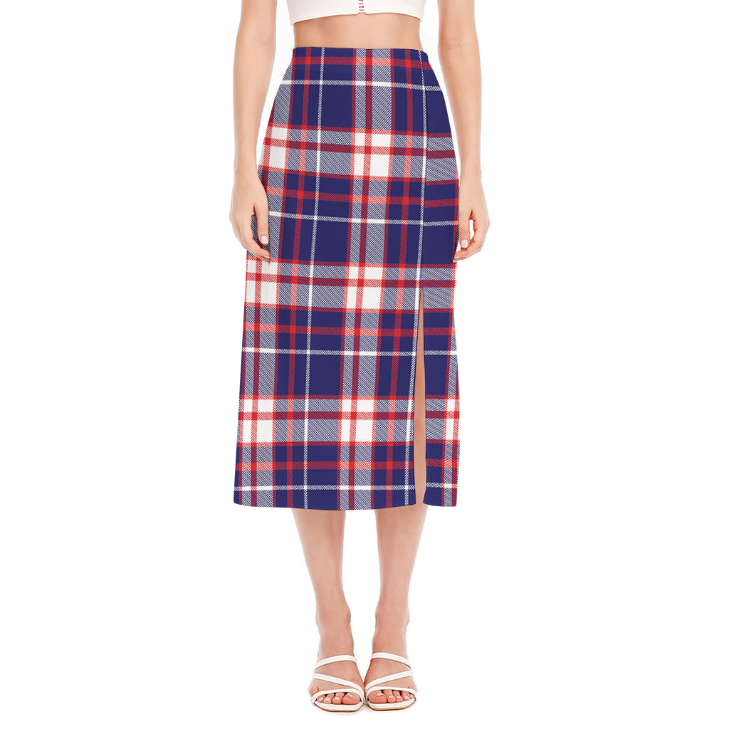 USA Patriotic Plaid Print Side Slit Midi Skirt