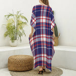 USA Patriotic Plaid Print Silk V-Neck Kaftan Dress