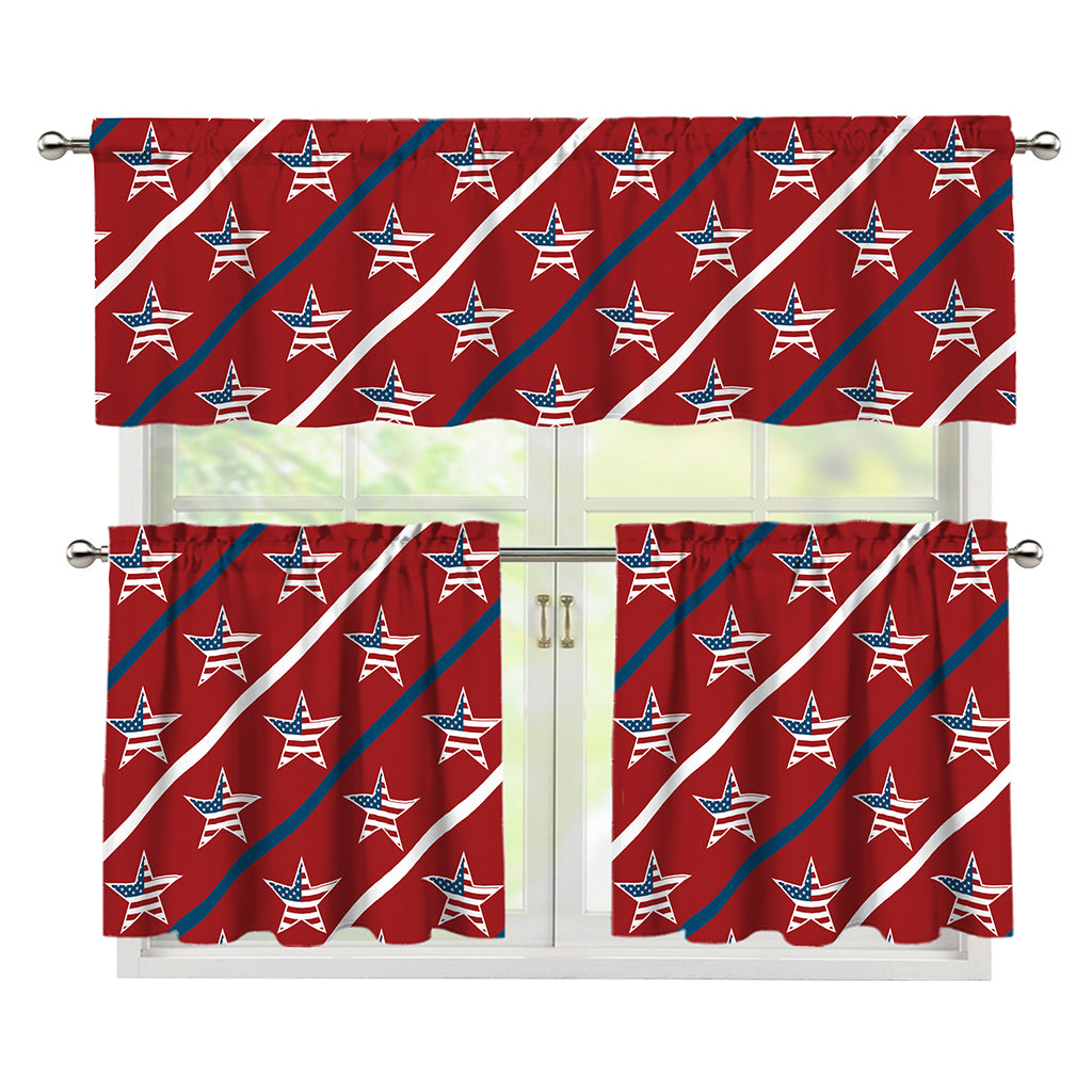 USA Patriotic Star Pattern Print 3 Piece Kitchen Curtains