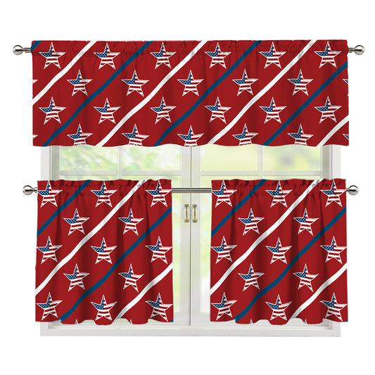 USA Patriotic Star Pattern Print 3 Piece Kitchen Curtains