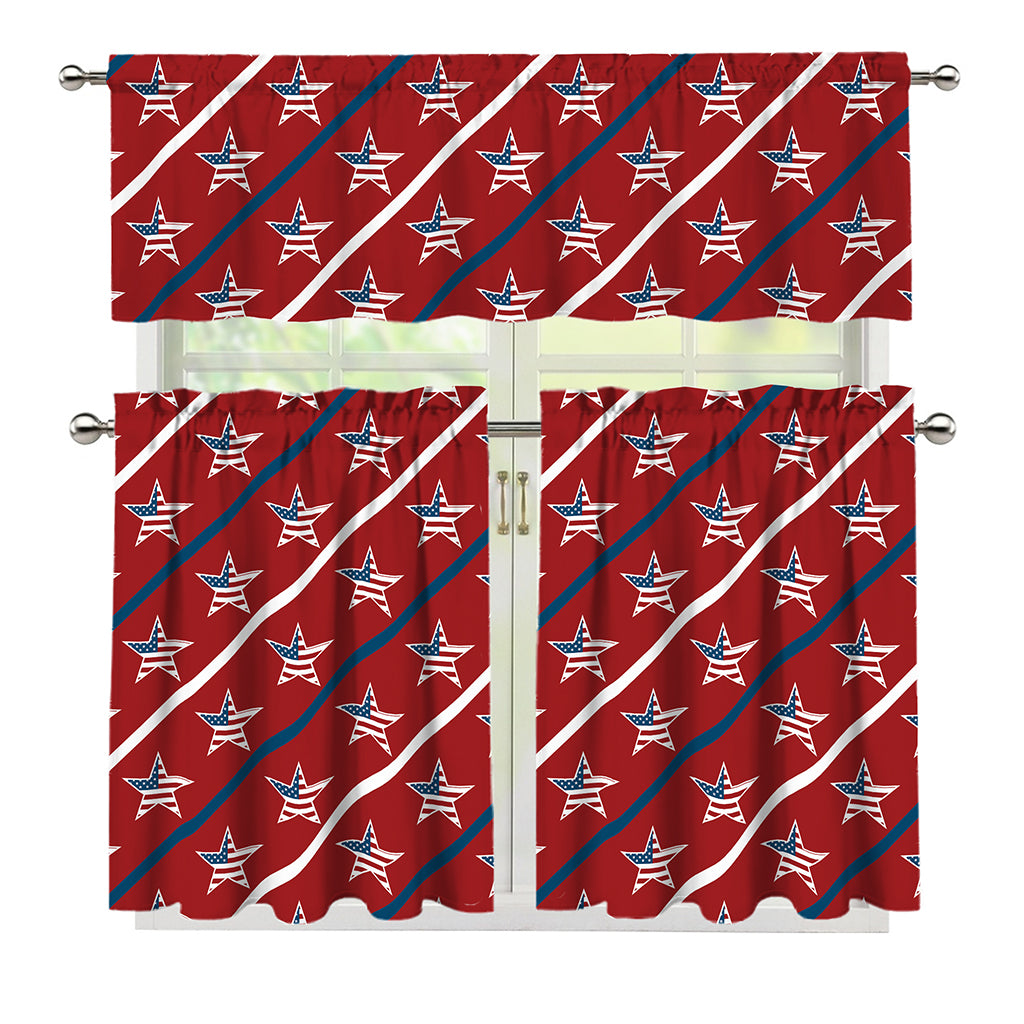 USA Patriotic Star Pattern Print 3 Piece Kitchen Curtains