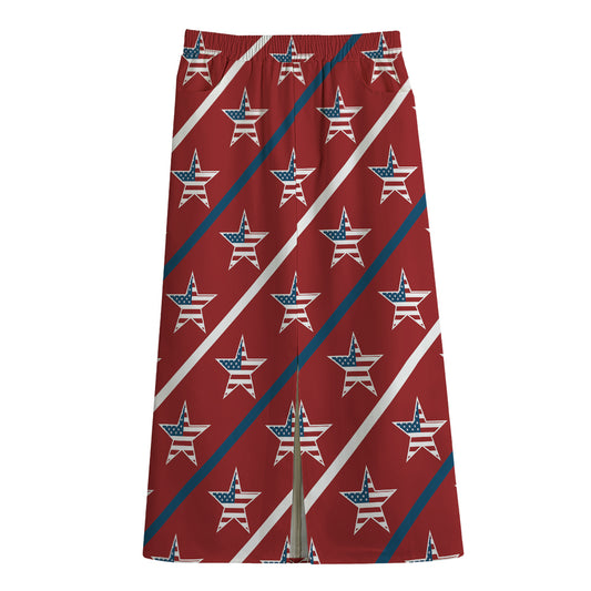 USA Patriotic Star Pattern Print Cotton Front Slit Maxi Skirt