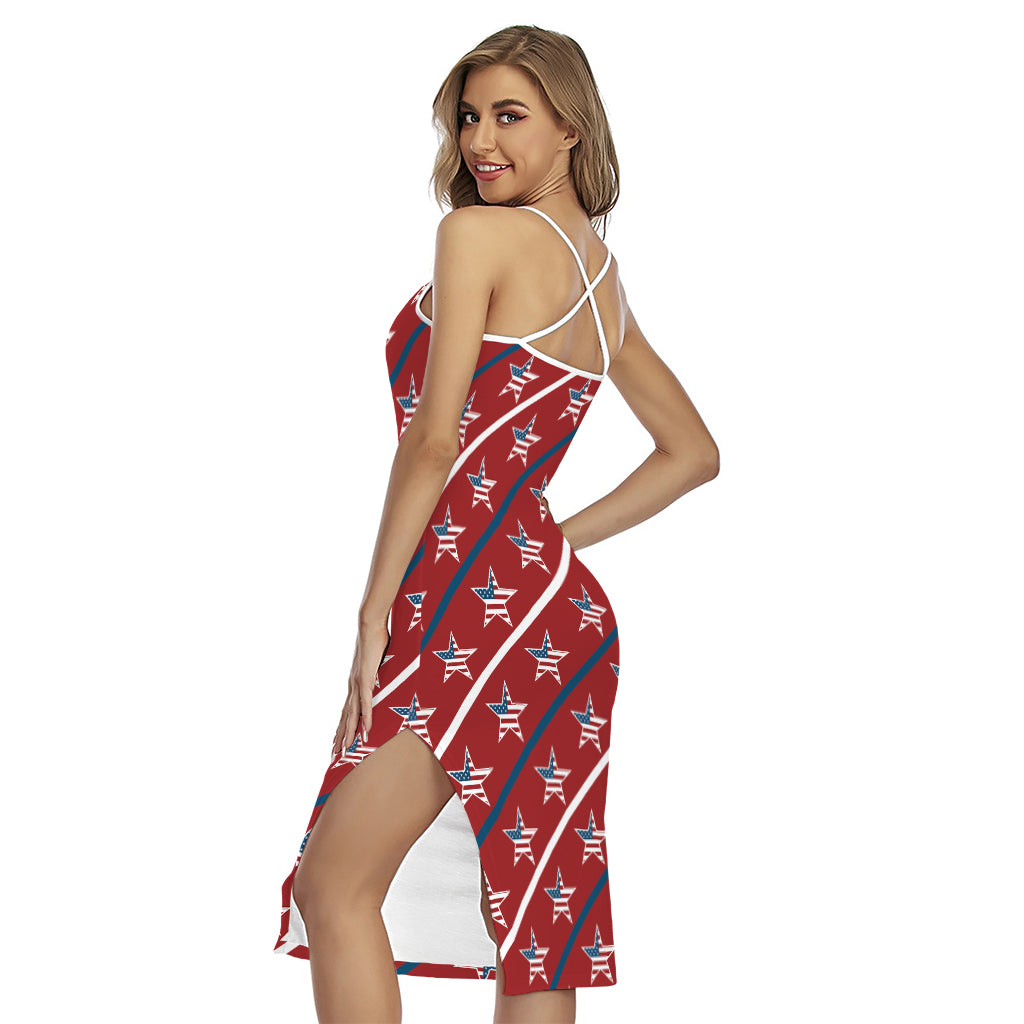 USA Patriotic Star Pattern Print Cross Back Cami Dress