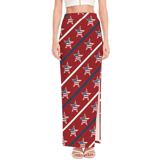 USA Patriotic Star Pattern Print High Slit Maxi Skirt