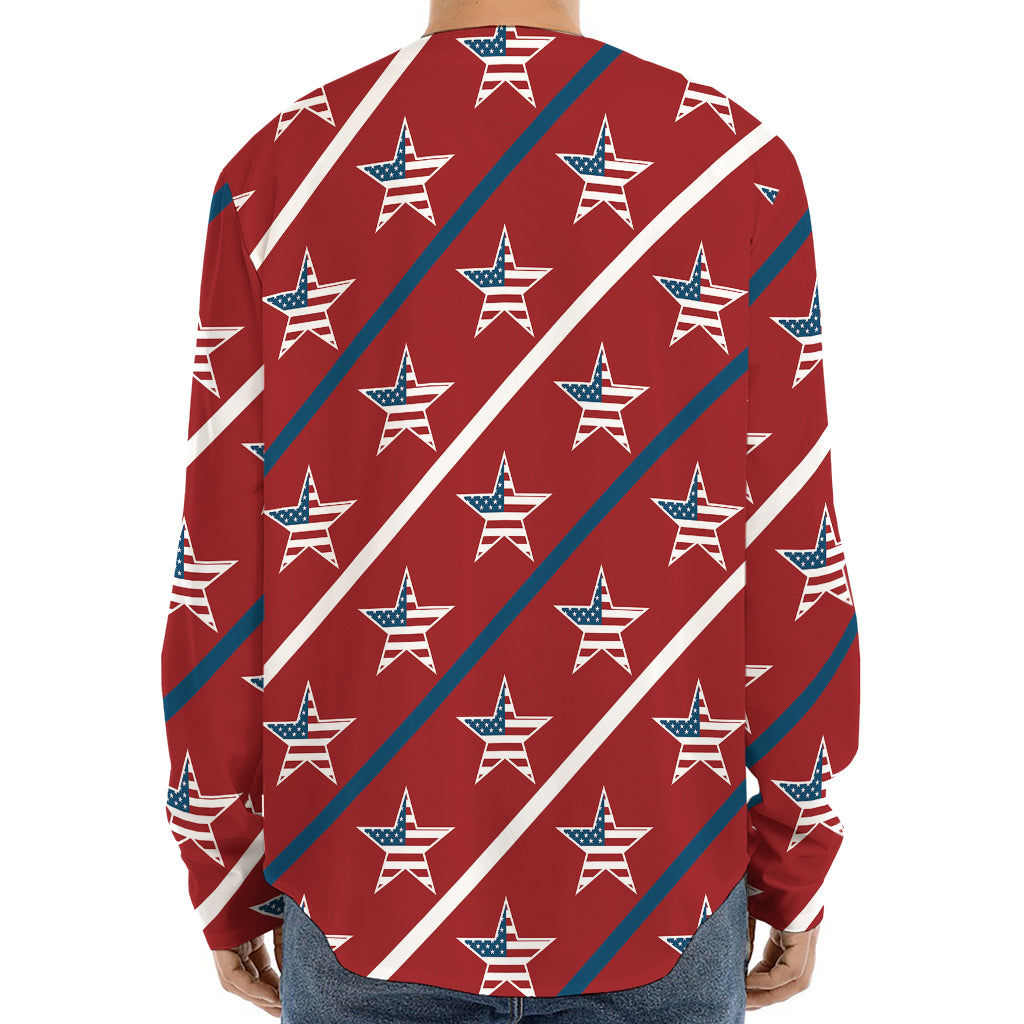 USA Patriotic Star Pattern Print Long Sleeve Baseball Jersey