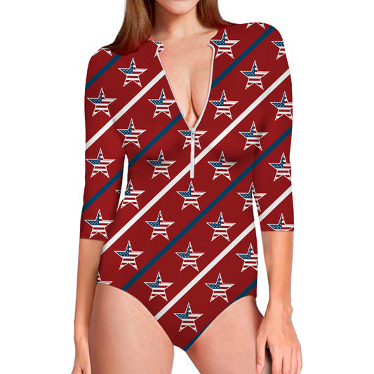 USA Patriotic Star Pattern Print Long Sleeve Swimsuit