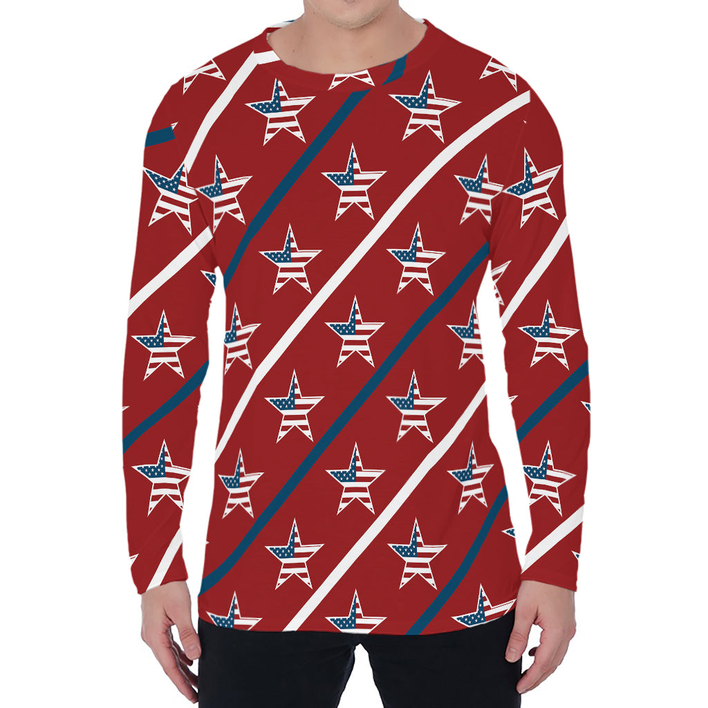 USA Patriotic Star Pattern Print Men's Long Sleeve T-Shirt