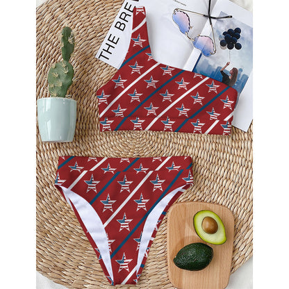 USA Patriotic Star Pattern Print One Shoulder Bikini Top