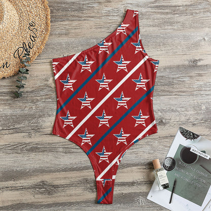 USA Patriotic Star Pattern Print One Shoulder Bodysuit