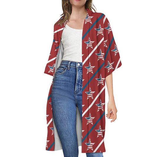 USA Patriotic Star Pattern Print Open Front Beach Cover Up