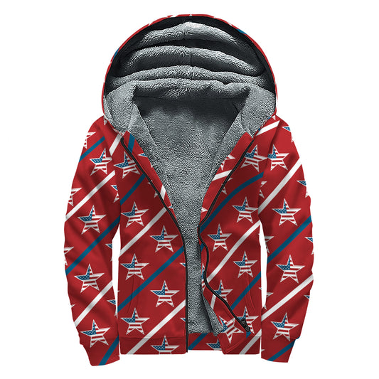 USA Patriotic Star Pattern Print Sherpa Lined Zip Up Hoodie
