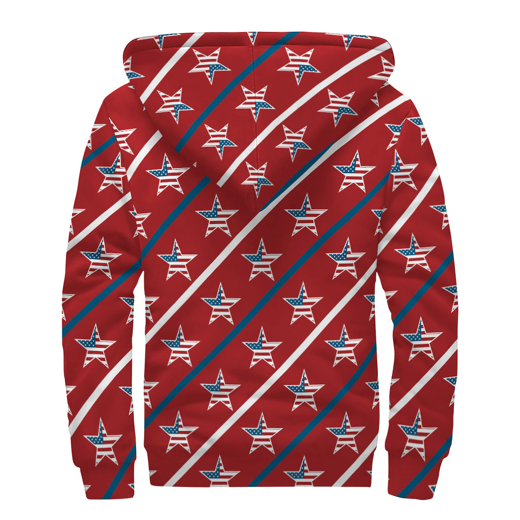 USA Patriotic Star Pattern Print Sherpa Lined Zip Up Hoodie