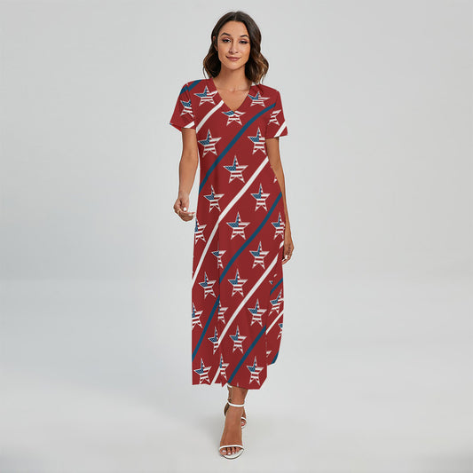 USA Patriotic Star Pattern Print Short Sleeve Maxi Dress
