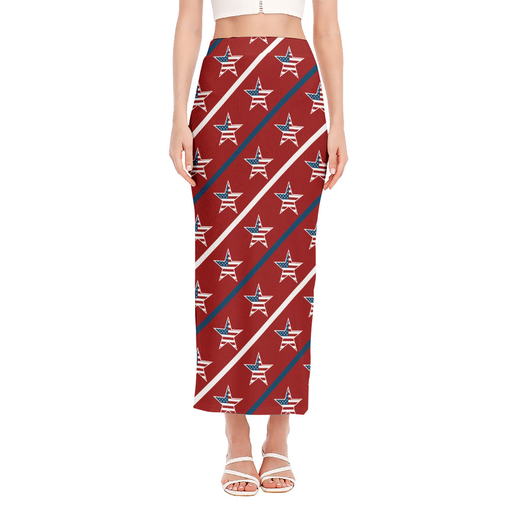 USA Patriotic Star Pattern Print Side Slit Maxi Skirt