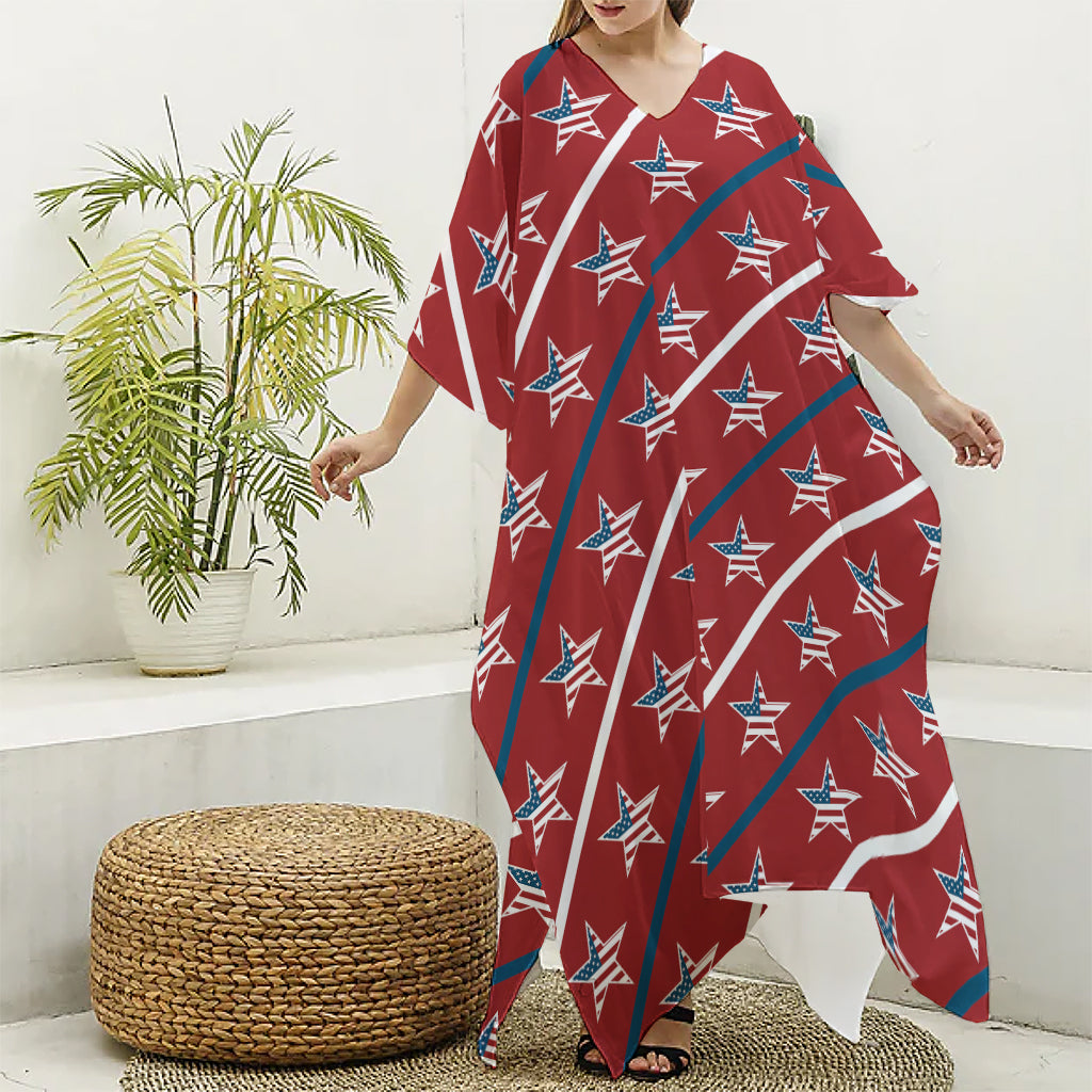 USA Patriotic Star Pattern Print Silk V-Neck Kaftan Dress
