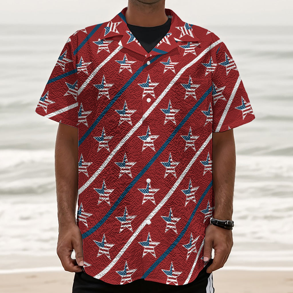 USA Patriotic Star Pattern Print Textured Short Sleeve Shirt