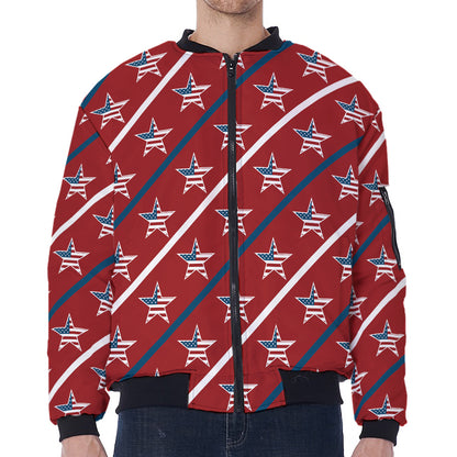 USA Patriotic Star Pattern Print Zip Sleeve Bomber Jacket