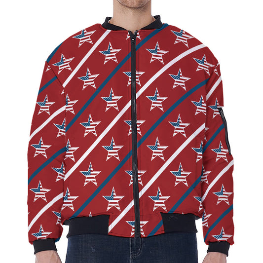 USA Patriotic Star Pattern Print Zip Sleeve Bomber Jacket