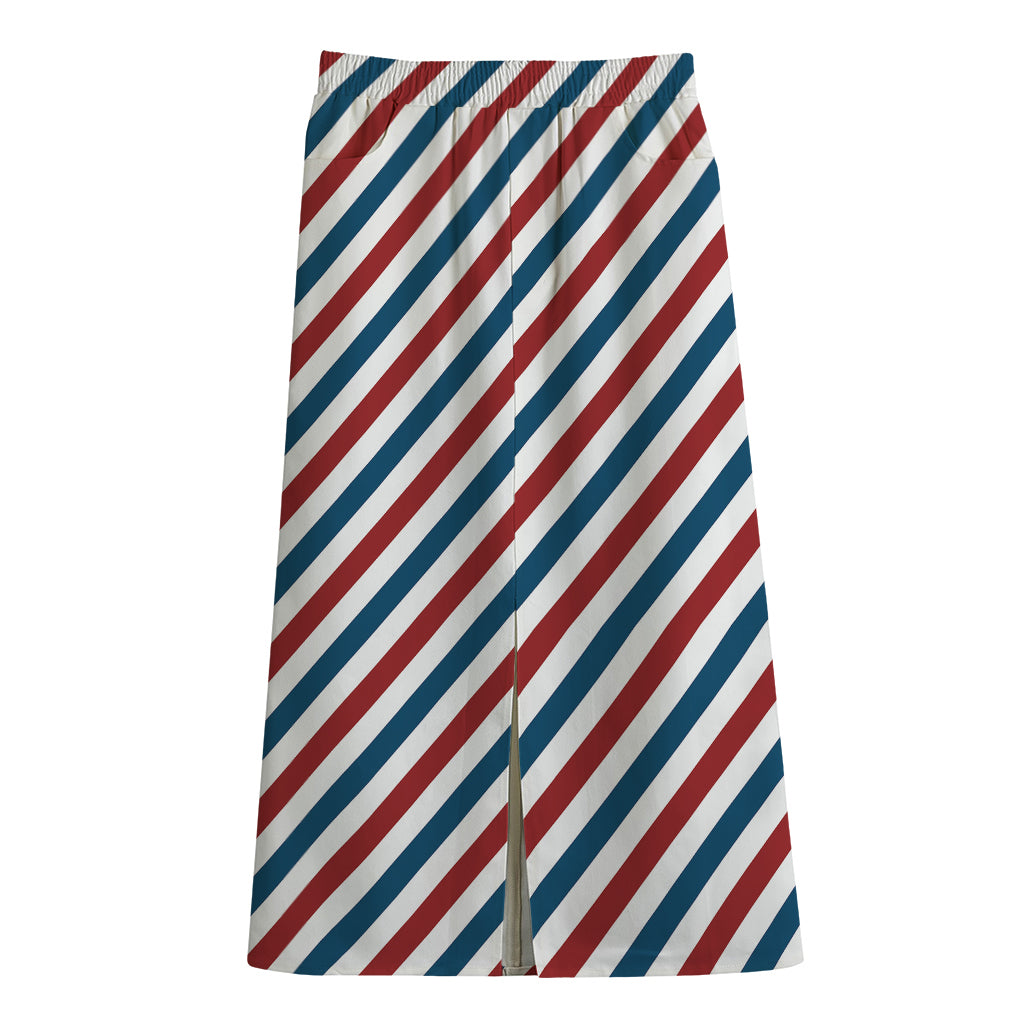USA Patriotic Striped Pattern Print Cotton Front Slit Maxi Skirt