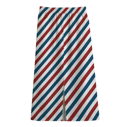 USA Patriotic Striped Pattern Print Cotton Front Slit Maxi Skirt