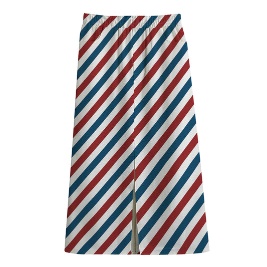 USA Patriotic Striped Pattern Print Cotton Front Slit Maxi Skirt