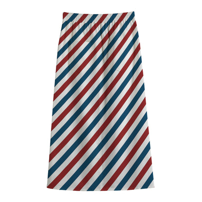 USA Patriotic Striped Pattern Print Cotton Front Slit Maxi Skirt
