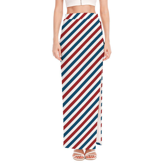 USA Patriotic Striped Pattern Print High Slit Maxi Skirt
