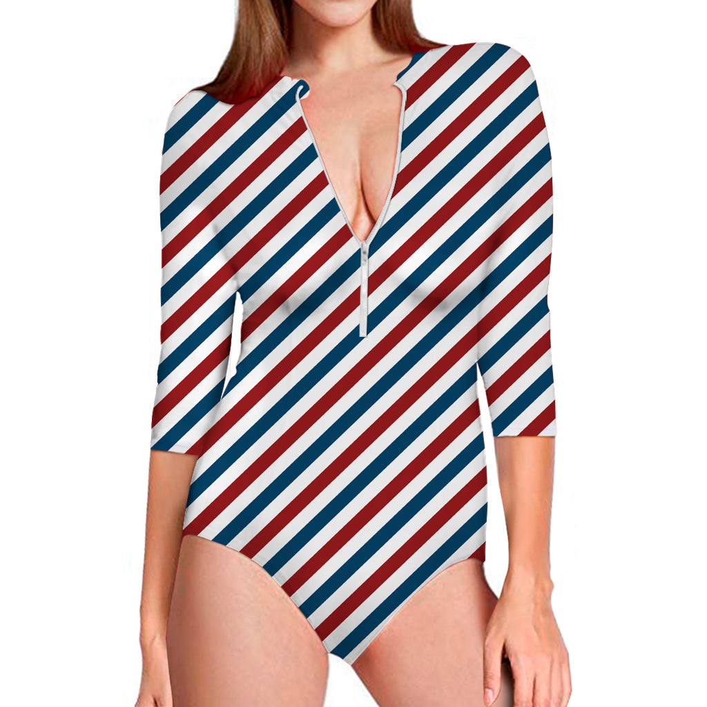 USA Patriotic Striped Pattern Print Long Sleeve Swimsuit