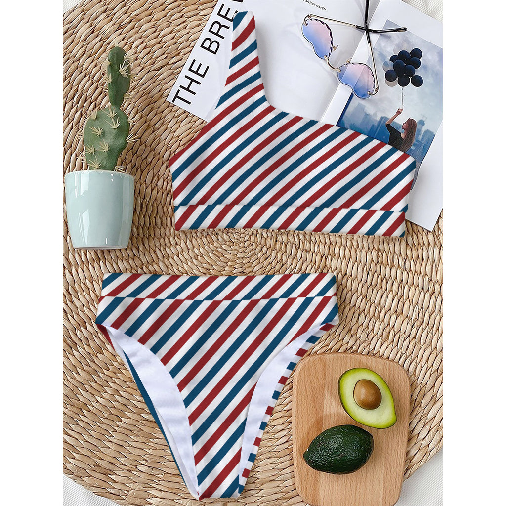 USA Patriotic Striped Pattern Print One Shoulder Bikini Top