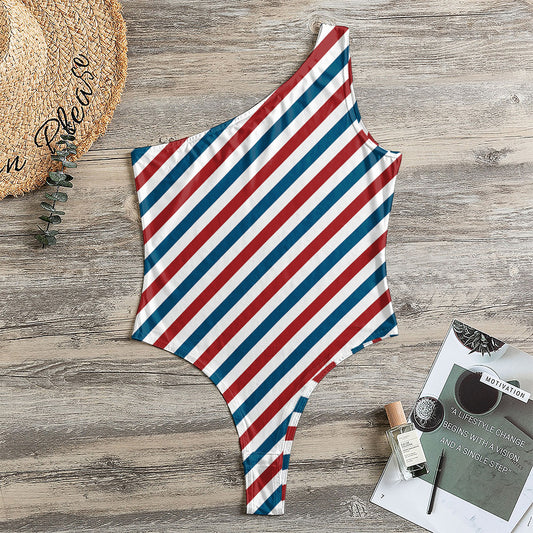 USA Patriotic Striped Pattern Print One Shoulder Bodysuit
