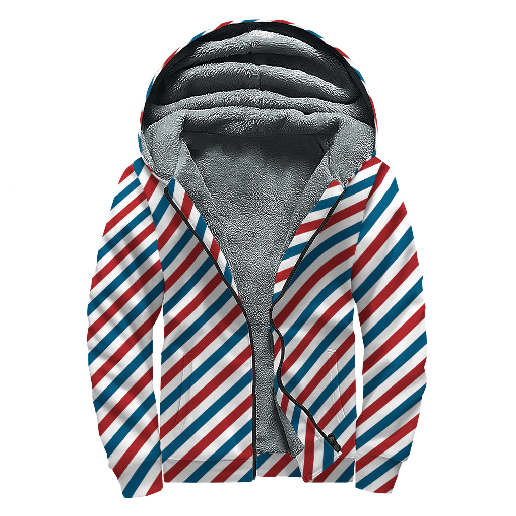 USA Patriotic Striped Pattern Print Sherpa Lined Zip Up Hoodie