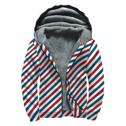 USA Patriotic Striped Pattern Print Sherpa Lined Zip Up Hoodie