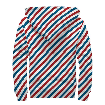 USA Patriotic Striped Pattern Print Sherpa Lined Zip Up Hoodie